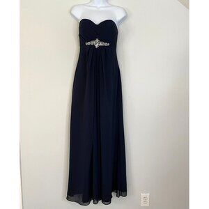 Bill Levkoff Bridesmaid Dress 10 Navy Blue Strapless Rhinestone Full Length Gown